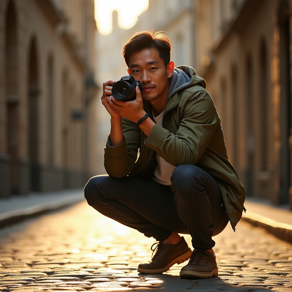 Student fotografuje venku při praktickém cvičení kurzu
